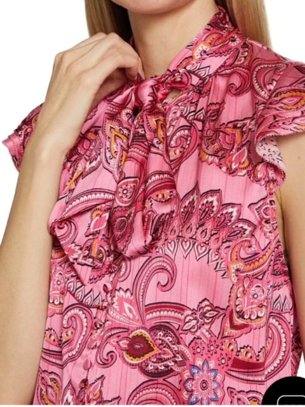 Alice + Olivia Pink Silk Brently Paisley Ruffle Top Tie Neck Size Large EUC
